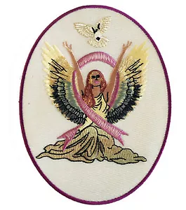 Angel & Dove Breast Cancer Awareness Ribbon Fully Embroidered Iron On Patch New - Picture 1 of 2