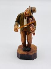 Vintage 5" Hand Carved Wood Figure Man Wearing Hat Playing Violin Fiddle