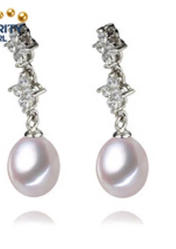 925 SILVER & 8mm AAA GRADED WHITE FRESHWATER PEARL/CUBIC ZIRCONIA DROP EARRINGS - Image 1 of 1