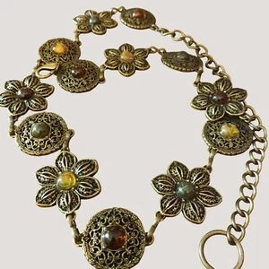 Cinturón Vintage Floral Flor Eslabón Piedras Cierre Cadena Ajustable Tono Dorado - Imagen 1 de 7
