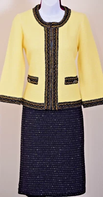ST.JOHN Women's Tweed Yellow With Black Gold Shimmer Trim Jacket & Skirt Sz 8-10 - Image 1 of 4