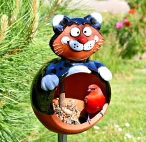 Keramik Vogelfutterhaus auf Stab Katze Gartendeko H18cm Midene Handgefertigt - Bild 1 von 12