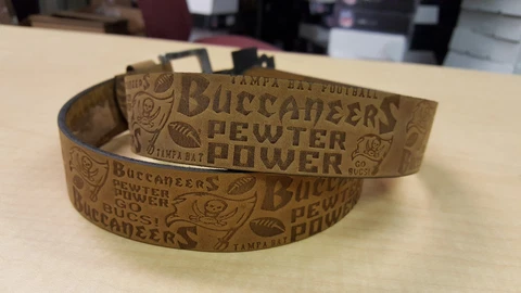 Tampa Bay Buccaneers Crazy Horse Embossed Slogan Mens Leather Belt Brown Tan NFL Cover