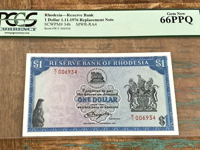Rhodesia Reserve Bank 1 Dollar 1976 34b RA4 1.11.1976 PCGS 66PPQ - REPLACEMENT - Image 1 of 2