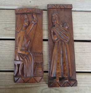 2 Hand Carved Wooden Relief Mother Child Lady Artisan Hanging Wall Art READ - Picture 1 of 10