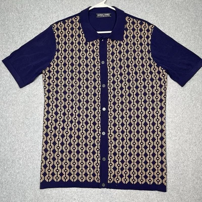 Camisa de Bowling Paul Jones Tejida Hombres Mediana Manga Corta Botón Contraste Azul Marino Retro Foto 1 de 4