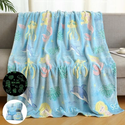 Glow in The Dark Blanket Mermaid Whale Gifts for Girls Boys Soft Marine Life 3 - Image 1 of 4
