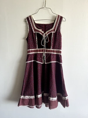 Vtg 70s Gunne Sax Red Floral Peplum Velvet Panel Dress ALTERED - Image 1 of 4