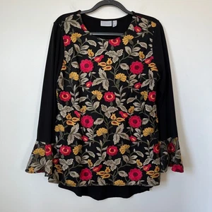 Susan Graver Tunika Bluse Top mit Blumenstickerei schwarz rot gelb Medium - Bild 1 von 10