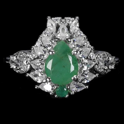 925 Sterling Silver Ring Pear Emerald 8x6mm Natural Gemstone Jewelry Size 9 - Image 1 of 4