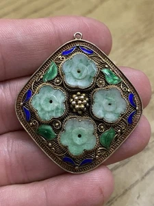 VINTAGE CHINESE, CLOISONNE, JADE, ENAMELED GOLD VERMEIL FILIGREE CHARM PENDANT - Picture 1 of 2