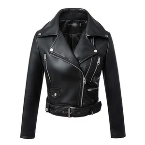 14 New Womens Biker Jacket Cropped Faux Leather PU Fitted Coat Size 8 10 12 - Picture 1 of 8