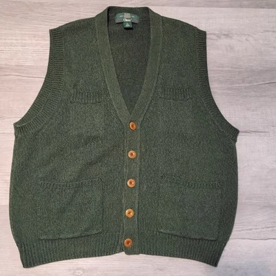 De Colección Orvis Tejido Suéter Chaleco Grande Algodón Bolsillos Botón Verde Papá Exterior Foto 1 de 4