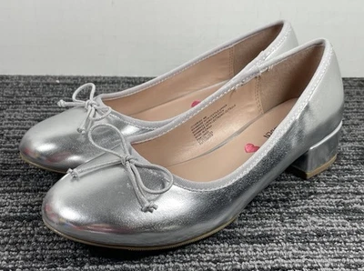 Steve Madden Girl’s Low Block-Heel Ballet Flats w/ Bow, Silver Metallic Size 4M - Image 1 of 4