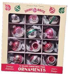 NEU! 12er Set Radko Shiny Brite 40er Jahre Stil mundgeblasen Reflektor Glas Weihnachten - Bild 1 von 6
