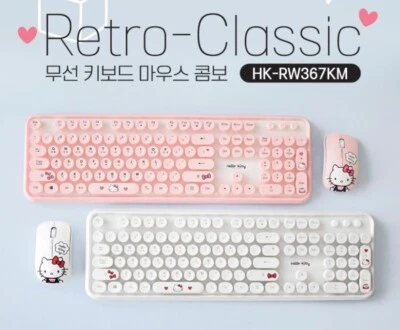 Hello Kitty Wireless Keyboard & Mouse SET Retro Typing Keyboard - Pink White - Image 1 of 4