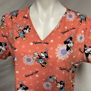 Disney Parks Pink Nurse Scrub Top 2 pockets Minnie Mouse Natural Cutie Medium - Picture 1 of 8