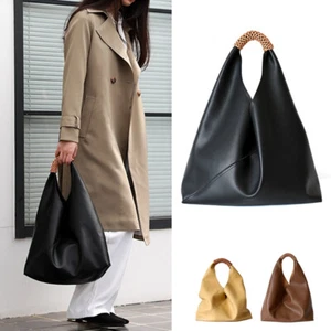 Raw Edge Leather Triangle Tote Hobo Shopper Shoulder Bag Sack Braided Handle - Picture 1 of 15