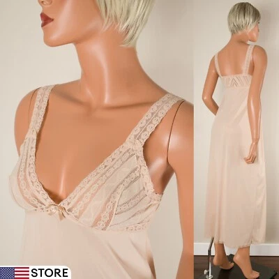 💖 Vestido largo vintage VASSARETTE talla 34 camisón de nailon beige nude encaje ribete Foto 1 de 4