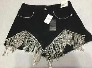 Forever 21 denim jean shorts Rhinestone Jeweled Fringe Sequin Shorts Size 28 Blk - Picture 1 of 6