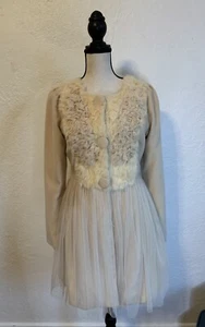 Ryu Coat Womans Size Small Beige Ruffle Tulle Dress Jacket Rabbit Fur Balletcore - Picture 1 of 14
