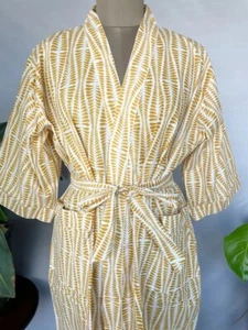 Indian Yellow Kimono Cotton Robes Long Kimono Robes Sleepwear Night Suit Kimonos - Picture 1 of 5
