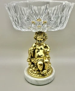 Vintage, Hollywood Regency, Crystal Compote Bowl, Pedestal ,Gold Cherub, Marble - Picture 1 of 10