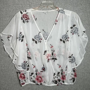 Lucky Brand XL Womens Top Sheer Embroidered Vneck White Floral Boho Cottage - Picture 1 of 20