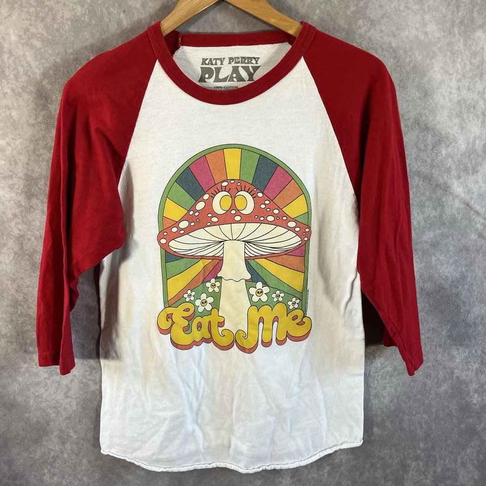 Katy Perry 衬衫男式小号 Eat Me 红色白色 Raglan Top Las Vegas Residency Play — 第 1/4 张图片