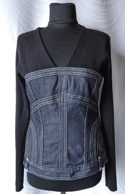 Karen Millen Jumper Denim Front Knit  Top Black Size 3 - Image 1 of 4