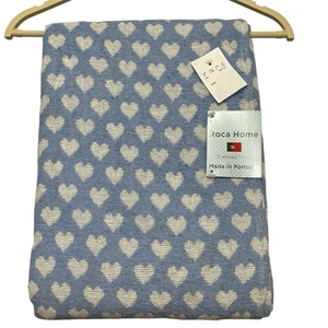 Roca Home Throw Blanket Blue White Heart Texuted Fringe Oversized Portugal - Picture 1 of 8