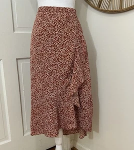 Wishlist Floral Flowy Ruffle Midi Skirt Rust Clay White Flowers Cottagecore Sz L - Picture 1 of 5
