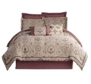 Waverly 4 Pc Queen Comforter Set Castleford Beige/Maroon Shams Bedskirt COTTON - Picture 1 of 4