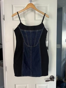 Forever 21 Dark Denim Paneled Mini Dress Black Corset Style Medium NWT - Picture 1 of 7