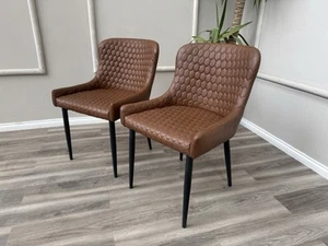 STUNNING Furniture Village Osaka Pair Of Dining Kitchen Chairs Faux Tan Leather - Picture 1 of 14