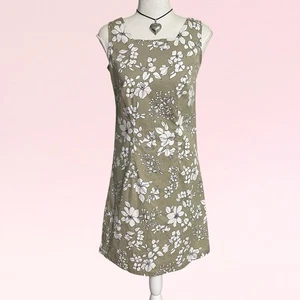 vintage y2k square-neck sun dress beige floral 90s hibiscus tropical preppy S - Picture 1 of 14