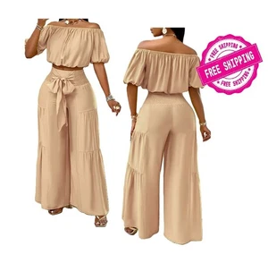 New Gorgeous 2 PC Bell Leg Pants Tie Bow Size M Blouse 2 PC Set Cream Color - Picture 1 of 7