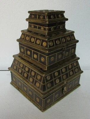 Caja de madera vintage de latón tallado a mano de colección de 3 piezas Foto 1 de 4