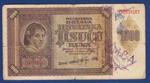 1000 Kuna 1941. Croatian banknote, NDH Ustasa WWII, stamp UNISTITI ! - Picture 1 of 2