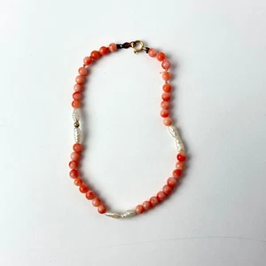 14K Solid Yellow Gold 7.25" Peach Pink Coral Rice Pearl Bead Bracelet 2.75g VTG - Picture 1 of 6