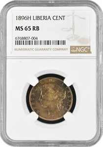 Liberia 1 cent 1896 H, NGC MS65 RB, "Republic of Liberia (1847 - 1906)" - Picture 1 of 2