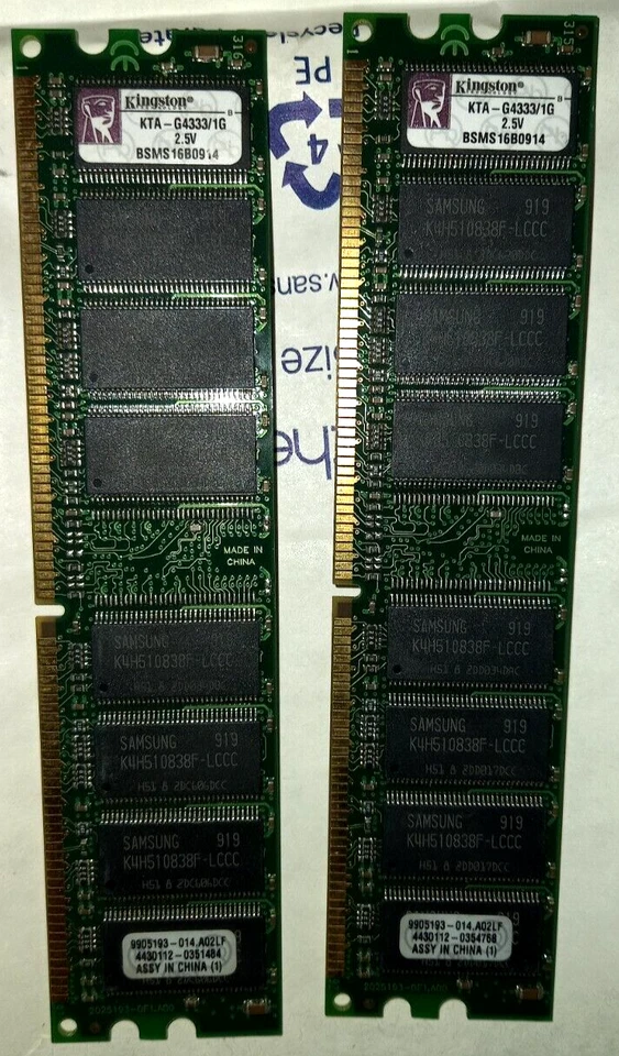 Kingston KTA G4333/1G, DDR333, PC2700, CL 2.5, 2 x 1GB - Image 1 of 1