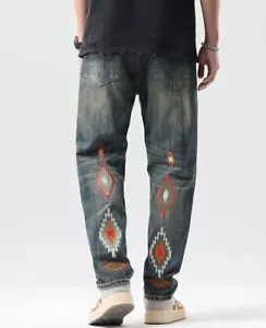 Jeans de mezclilla lavado oscuro tribal azteca navajo suroeste chimayo nativo americano - Imagen 1 de 19