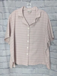 Bonworth Women's Vintage Linen Blend Pink & Light Tan Plaid Short Sleeve Shirt  - Picture 1 of 6