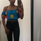 Blue yellow and pink crop African material Ankra summer top small