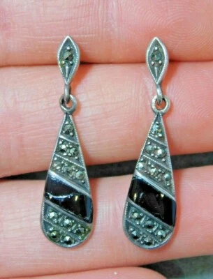 Argento D'Epoca Onice Nera Marcasite Lacrima Pendente Orecchini a Lobo 12g 1 - Immagine 1 di 2