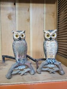 Pair of Vintage Owl Andirons Glass Eyes