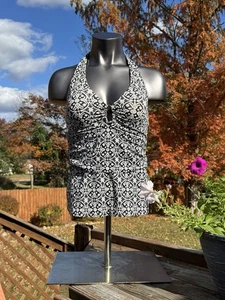 Tankini Lands End para mujer 8 halter natación negro blanco cuello atado nailon spandex - Imagen 1 de 5