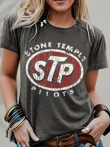L Women's Retro Rock Band Distressed STP Logo Gray Graphic Short Sleeve T-Shirt - Picture 1 of 3