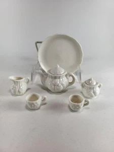 Miniature tea set with tray, white, unmarked, Raised Fruit Design - Picture 1 of 7